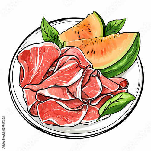 Sliced prosciutto with melon on plate, garnished with fresh leaves