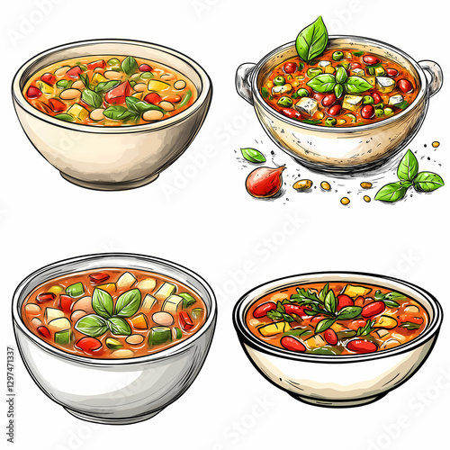 Delicious Italian minestrone soup with vegetables and beans in various bowls