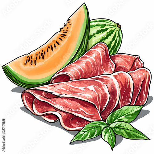 Sliced prosciutto with melon and watermelon, fresh and vibrant colors