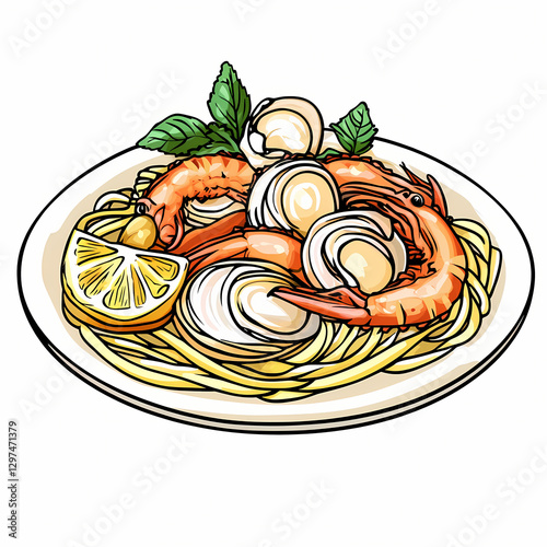 Delicious seafood pasta with shrimp, scallops, and lemon garnish