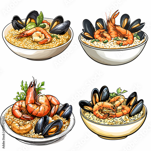 Delicious seafood risotto featuring shrimp and mussels in various bowls