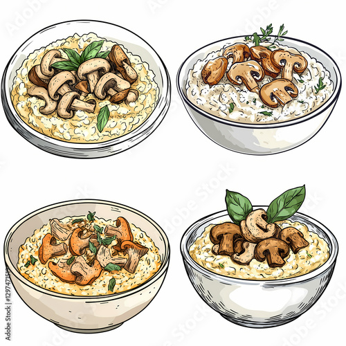 Creamy risotto with mushrooms and herbs in various bowls, deliciously presented