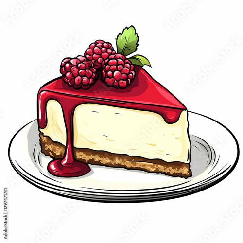 Creamy cheesecake slice topped with raspberry sauce and fresh berries
