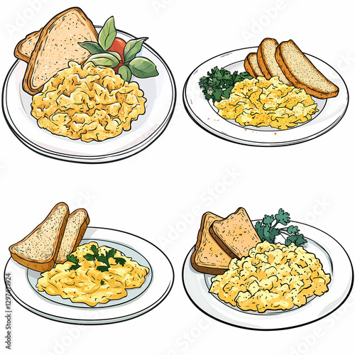 Scrambled eggs served with toast and garnished with herbs and vegetables