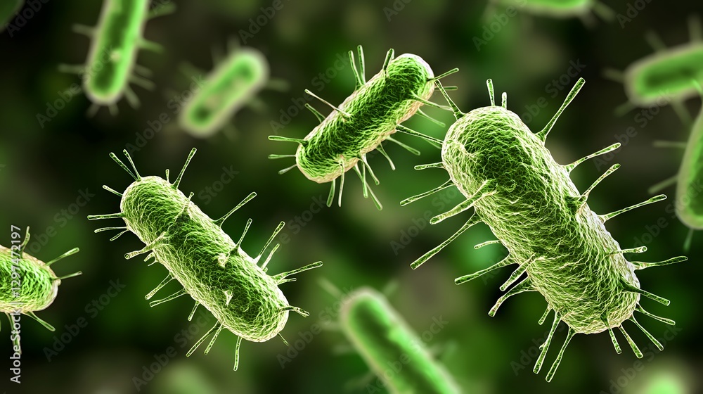 Fototapeta premium Rendered illustration depicts microscopic bacteria cells with numerous tiny spikes
