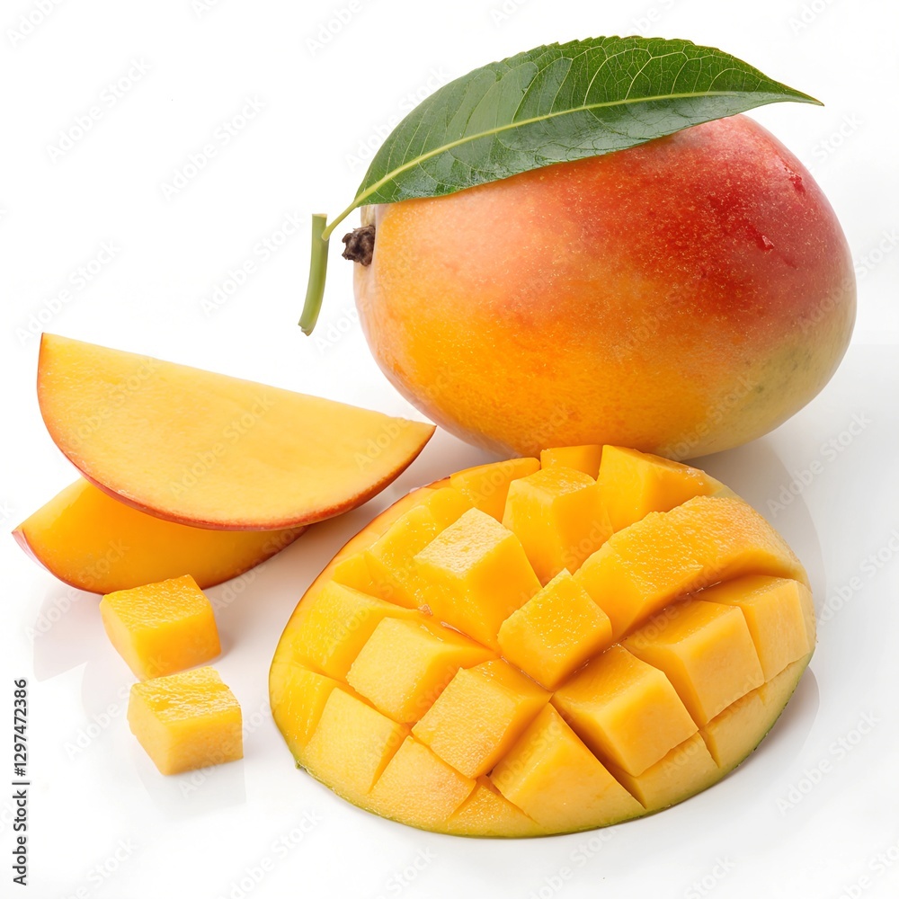 Ripe Mango Fruit Slices and Cubes on White Background A Delicious Tropical Treat Ripe Mango Fruit Slices and Cubes on White Background A Delicious Tropical Treat