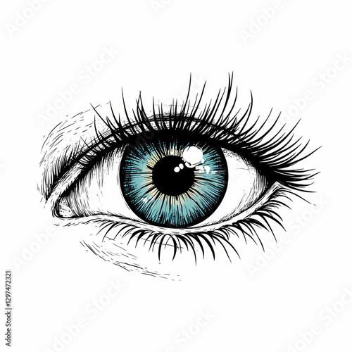 Detailed human eye illustration with vibrant blue iris and long eyelashes