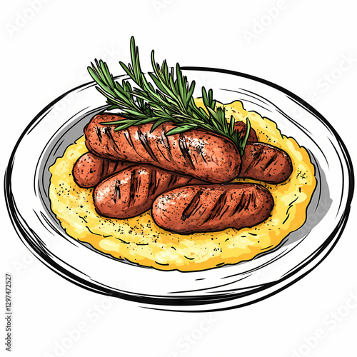 Grilled sausages on creamy polenta with fresh herbs, delicious dish