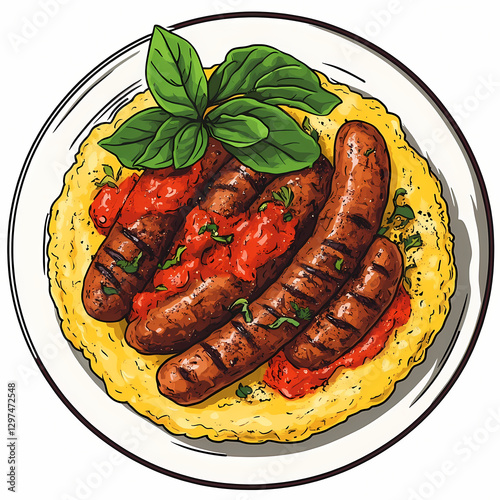 Traditional polenta topped with grilled sausages and fresh basil