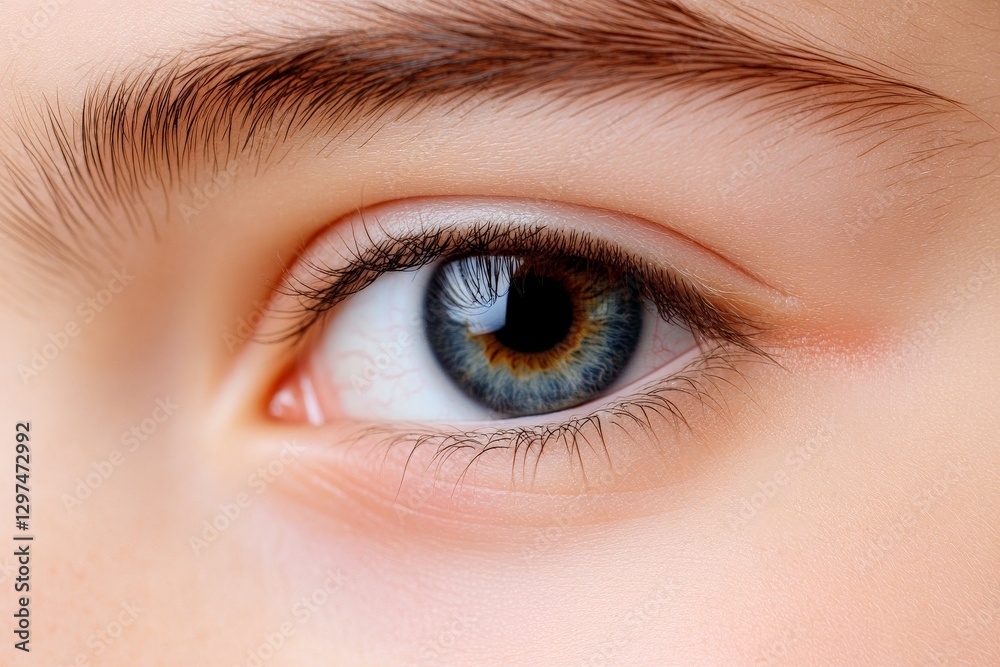 Obraz premium Macro close up of young eye with blue iris and thick eyelashes detailed skin texture intricate depth of gaze and natural beauty extreme sharp focus