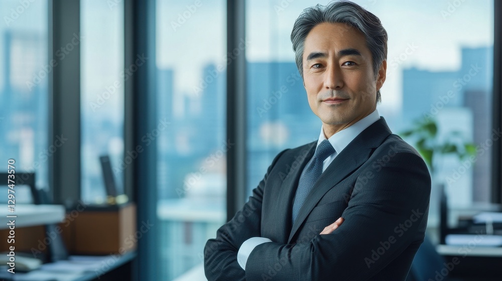 A confident middle-aged Japanese businessman poses in a modern office. With a serious yet approachable expression, he embodies professionalism and leadership in a contemporary corporate environment. A confident middle-aged Japanese businessman poses in a modern office. With a serious yet approachable expression, he embodies professionalism and leadership in a contemporary corporate environment.