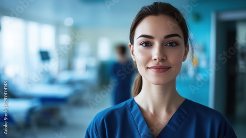 Free Download A portrait of a young European woman wearing a nurse uniform, exuding confidence and care. Perfect for healthcare and medical-related themes. - GFXLoad