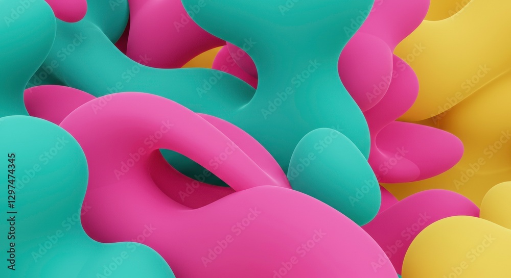 Fototapeta premium Abstract Blob Sculpture: A vibrant close-up of abstract, blob-shaped sculptures in a stunning palette of cyan, pink, and yellow. These smooth.