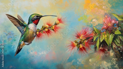 Exquisite Hummingbird Perched on Vibrant Bottlebrush Flower in Tropical Garden