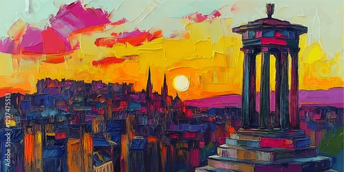 "Vivid Edinburgh Sunset Vector Art: Calton Hill Monument and Cityscape in Striking Abstract Colors with Vibrant Sky, Capturing Scottish Heritage and Urban Beauty"
