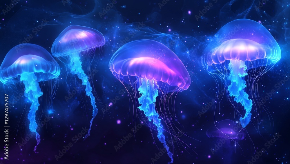 Naklejka premium Glowing jellyfish in cosmic nebula