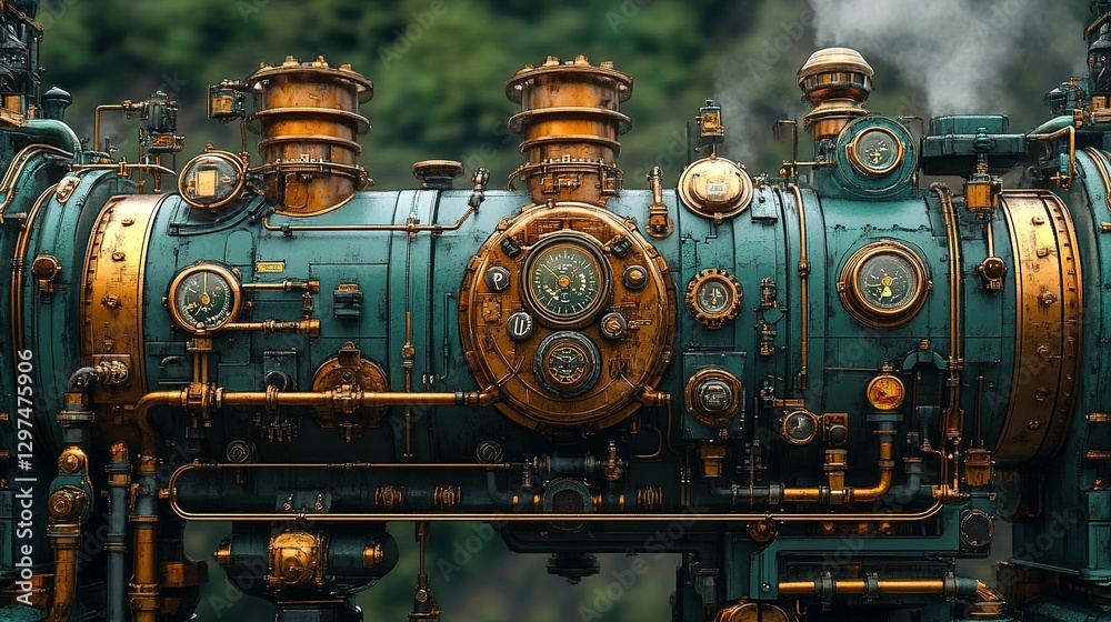 A detailed view of an ornate steampunk style engine mechanism A detailed view of an ornate steampunk style engine mechanism