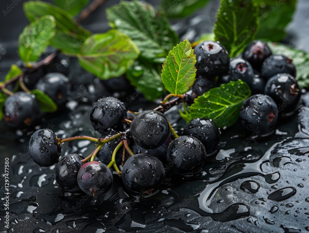 A cluster of black berries with lush green leaves, covered in water droplets on a dark surface, showcasing their glossy texture and natural freshness. A cluster of black berries with lush green leaves, covered in water droplets on a dark surface, showcasing their glossy texture and natural freshness.