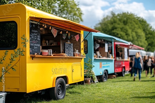 Colorful food trucks at park, sunny day, festival photo