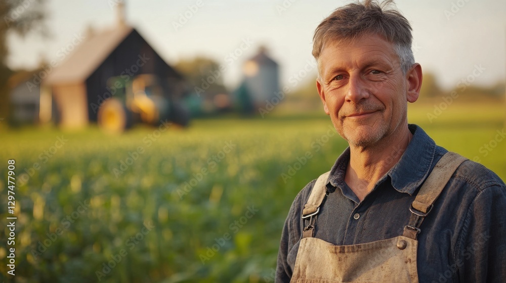 A middle-aged European farmer in overalls poses confidently in a vibrant green field, with rustic barns and agricultural equipment in the background, embodying a life dedicated to farming. A middle-aged European farmer in overalls poses confidently in a vibrant green field, with rustic barns and agricultural equipment in the background, embodying a life dedicated to farming.