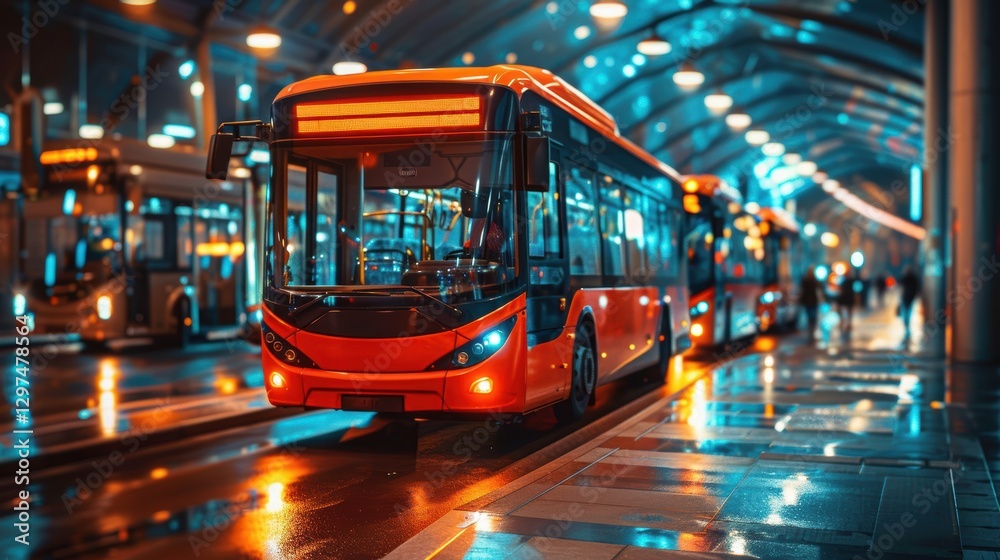Obraz premium A sleek red city bus illuminated by vibrant neon and streetlights at a futuristic bus terminal. The wet pavement reflects the glowing lights,