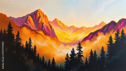 Majestic Mountain Range at Sunset with Misty Valley and Silhouetted Forest