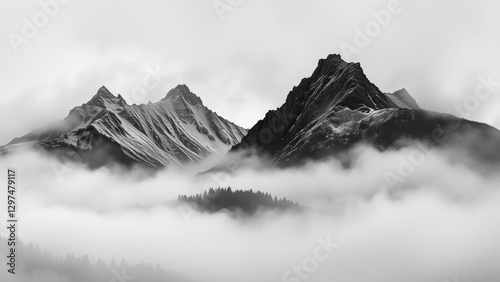 Monochrome Mountain Peaks Emerging from Foggy Landscape