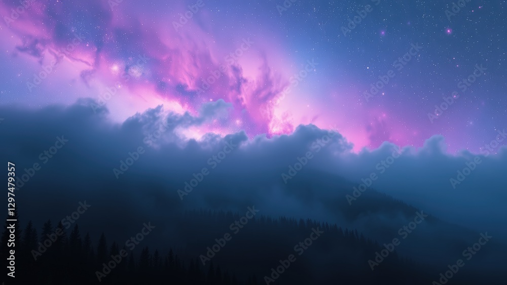 Fototapeta premium Purple and Pink Night Sky over Misty Mountain Forest