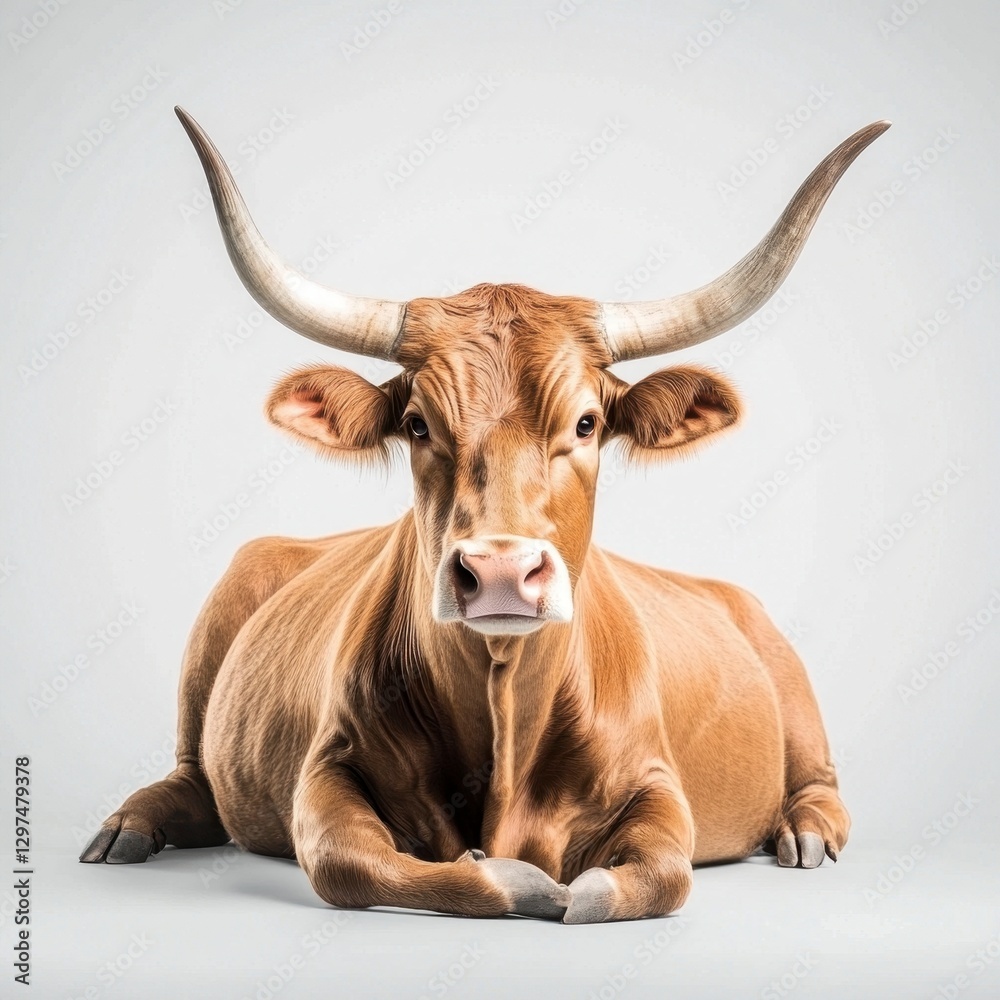 Naklejka premium Brown Cow with Long Horns Relaxing on a Light Background