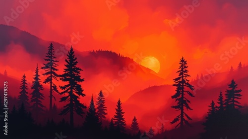 Red Sunset Over Foggy Mountains with Silhouetted Pine Trees