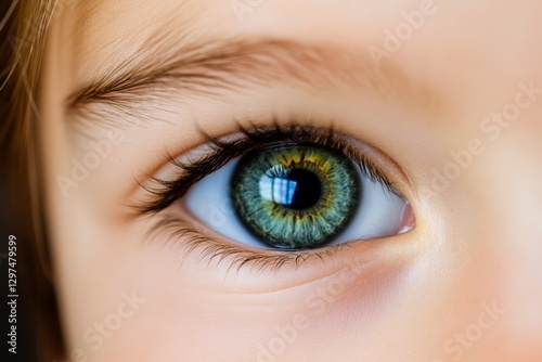 Extreme close up of a young childs blue green eye with striking reflections and intricate iris details showcasing curiosity and wonder in high resolution macro photography photo