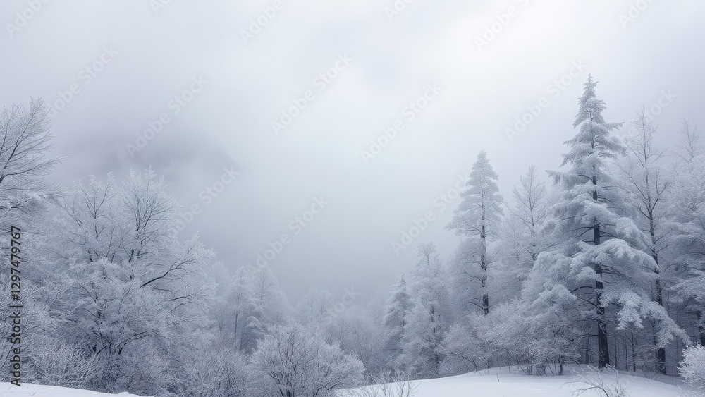 Fototapeta premium Snowy Forest Landscape in Winter Mist