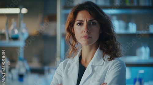 This portrait features a focused female scientist in a modern laboratory. Her serious expression conveys dedication and professionalism in the field of research and innovation. photo