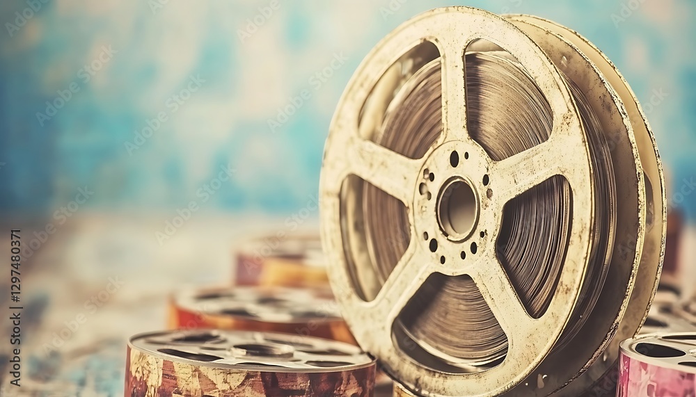Fototapeta premium Film reel on table, blurry colorful background