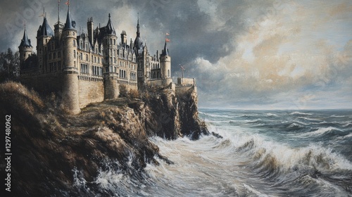 Majestic Castle by the Sea: A historic castle dramatically poised on a cliff overlooking a turbulent sea, the scene rendered with a painterly, photorealistic touch.