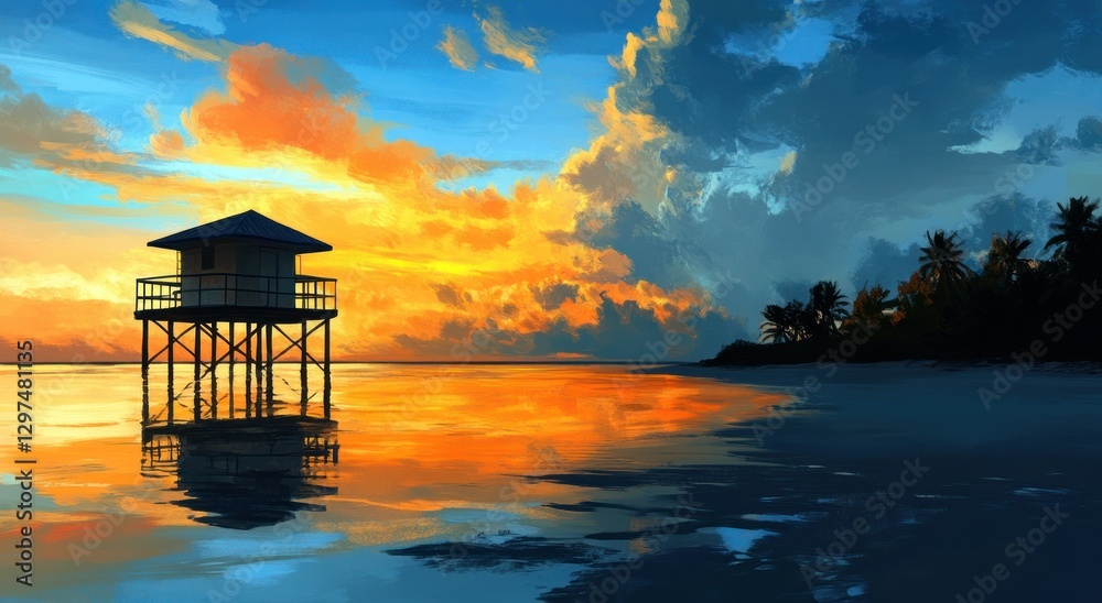 The silhouette of an old lifeguard tower on the beach at sunset The silhouette of an old lifeguard tower on the beach at sunset
