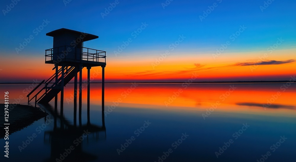 The silhouette of an old lifeguard tower on the beach at sunset The silhouette of an old lifeguard tower on the beach at sunset