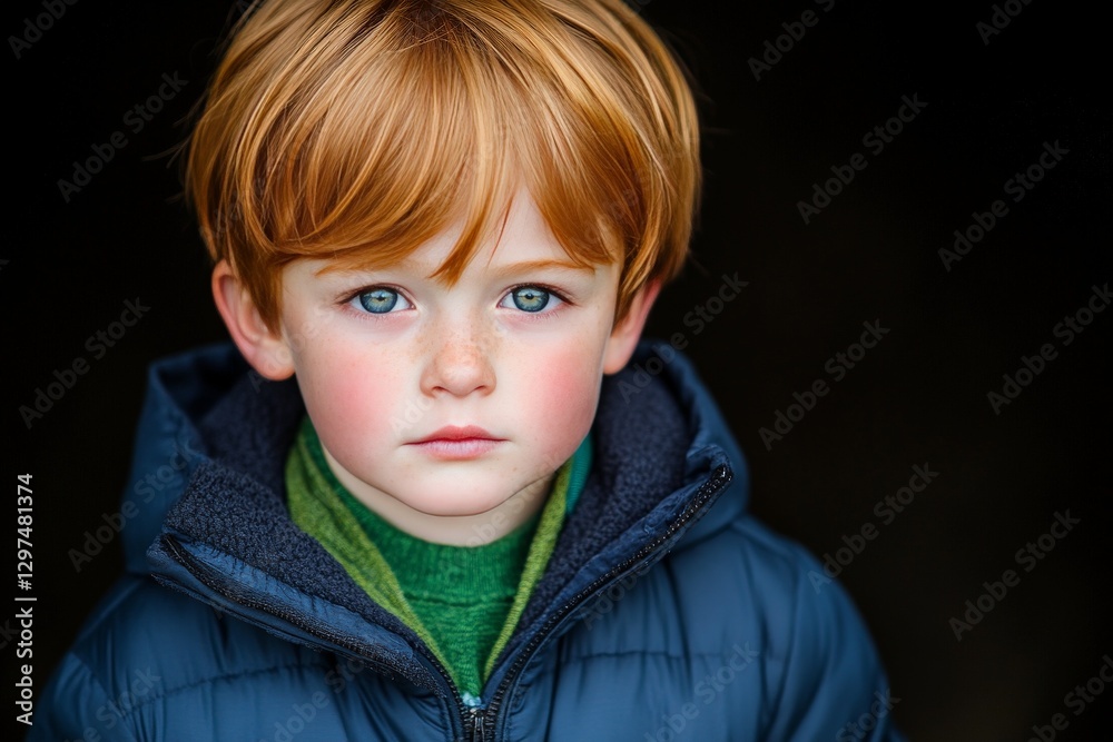 Serious young boy with red hair and blue jacket standing in outdoor setting expressing childhood determination and resilience in natural daylight Serious young boy with red hair and blue jacket standing in outdoor setting expressing childhood determination and resilience in natural daylight