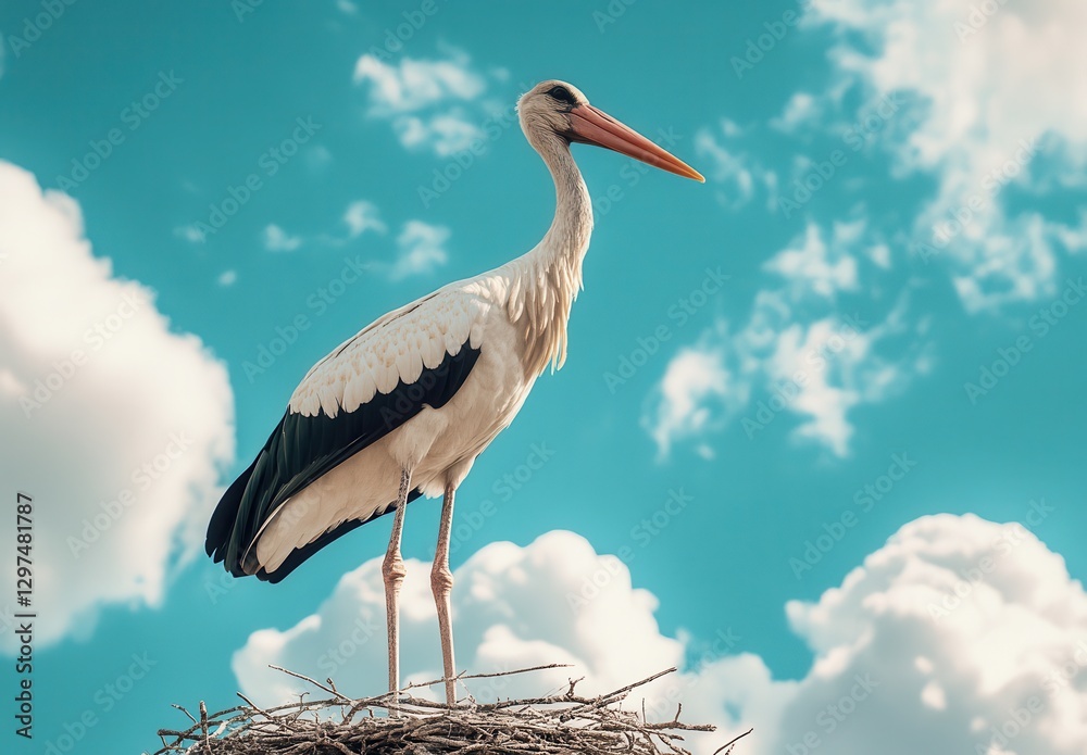 Fototapeta premium Majestic Stork Standing Proudly on Nest Against Clear Blue Sky with Fluffy White Clouds Capturing Nature's Beauty and Serene Environment