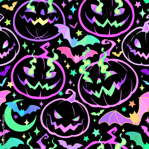 Seamless Halloween pattern with smiling evil pumpkins and bats