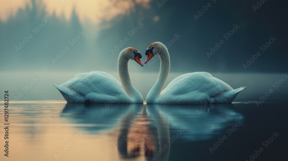 Fototapeta premium Swans heart-shape lake dawn mist romance