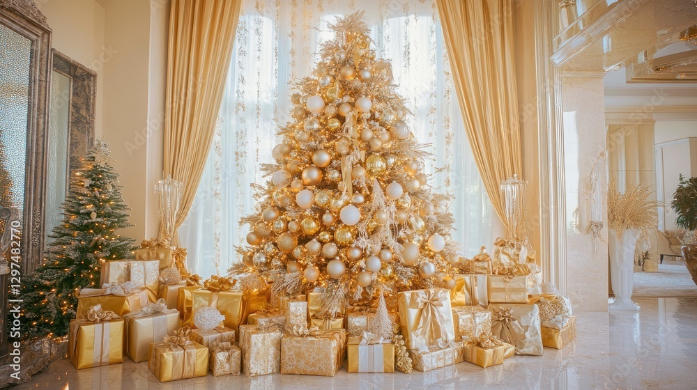 A golden-themed Christmas tree with matching ornaments and ribbon, surrounded by neatly arranged presents under the sparkling lights. A golden-themed Christmas tree with matching ornaments and ribbon, surrounded by neatly arranged presents under the sparkling lights.