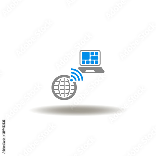 Vector illustration of earth globe with wireless radio signal and laptop. Icon of distance remote computer home work. Symbol of SOA Service-Oriented Architecture.