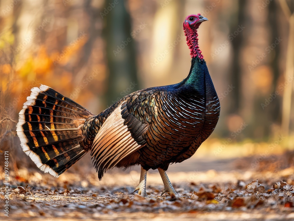 Fototapeta premium Majestic Wild Turkey Struts Along a Forest Path Surrounded by Autumn Leaves and Warm Sunlight in a Peaceful Natural Setting