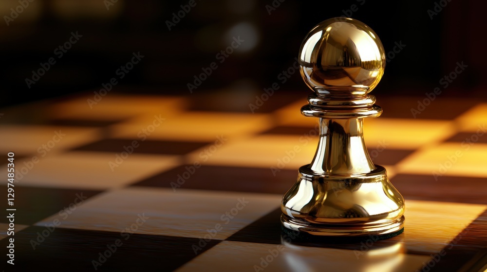 A close-up of a glossy golden chess pawn on a wooden chessboard, illuminated by soft light A close-up of a glossy golden chess pawn on a wooden chessboard, illuminated by soft light