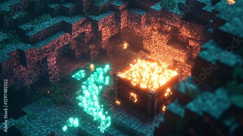 Luminous Treasure: A glowing treasure chest in an immersive digital landscape, surrounded by mystical flora and emanating a warm, inviting light. 