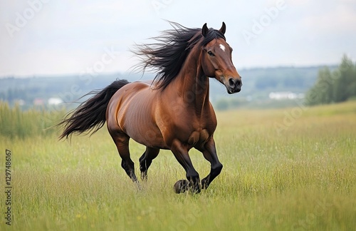 Elegant horse running freely across a grassy field, with its mane flowing in the wind. 