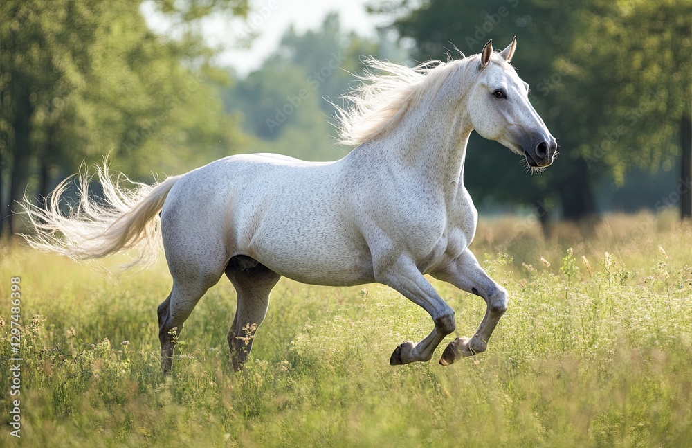 Elegant horse running freely across a grassy field, with its mane flowing in the wind. Elegant horse running freely across a grassy field, with its mane flowing in the wind.