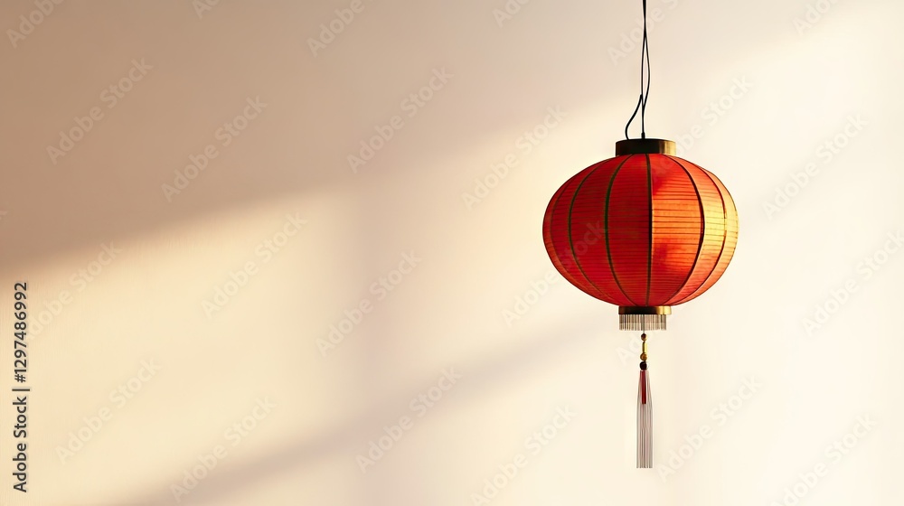 Fototapeta premium A minimalist approach to Chinese New Year decor, featuring a single red lantern hanging against a light backdrop with a faint shadow.
