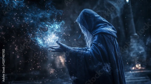 Mystical Weaver: A robed figure, cloaked in deep blues, conjures ethereal energy with their hands, as cosmic stardust swirls in the air, an illustration of magic, mystery, and the unknown.